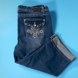 Earl Jean Capris Womens Sz 12 Roll Cuff Blue Denim Jeans Stretch Bling Pockets